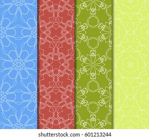 Set of 4 vertical geometric pattern in floral lace style. Ethnic ornament. Vector illustration. For decorating invitations, fashion design, textiles