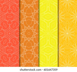 Set of 4 vertical geometric pattern in floral lace style. Ethnic ornament. Vector illustration. For decorating invitations, fashion design, textiles