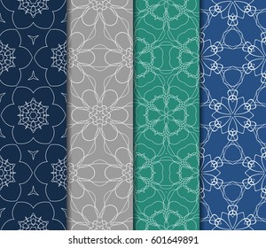 Set of 4 vertical geometric pattern in floral lace style. Ethnic ornament. Vector illustration. For decorating invitations, fashion design, textiles