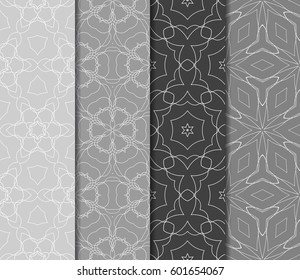 Set of 4 vertical geometric pattern in floral lace style. Ethnic ornament. Vector illustration. For decorating invitations, fashion design, textiles