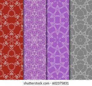 Set of 4 vertical geometric pattern in floral lace style. Ethnic ornament. Vector illustration. For decorating invitations, fashion design, textiles