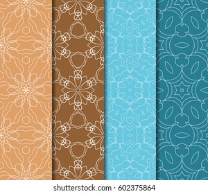 Set of 4 vertical geometric pattern in floral lace style. Ethnic ornament. Vector illustration. For decorating invitations, fashion design, textiles