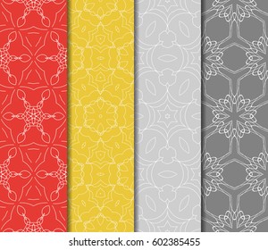 Set of 4 vertical geometric pattern in floral lace style. Ethnic ornament. Vector illustration. For decorating invitations, fashion design, textiles