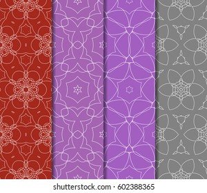 Set of 4 vertical geometric pattern in floral lace style. Ethnic ornament. Vector illustration. For decorating invitations, fashion design, textiles