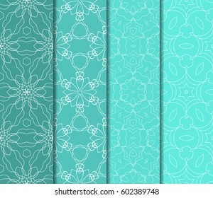 Set of 4 vertical geometric pattern in floral lace style. Ethnic ornament. Vector illustration. For decorating invitations, fashion design, textiles