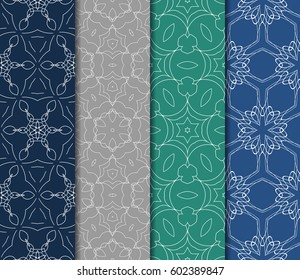 Set of 4 vertical geometric pattern in floral lace style. Ethnic ornament. Vector illustration. For decorating invitations, fashion design, textiles