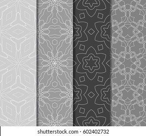 Set of 4 vertical geometric pattern in floral lace style. Ethnic ornament. Vector illustration. For decorating invitations, fashion design, textiles