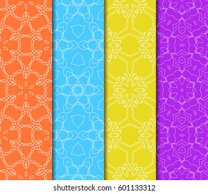 Set of 4 vertical seamless lace pattern with elements of floral ornament. Different colored bases. vector illustration. For decorating invitations, fashion design, textiles Set of 4 vertical seamless lace pattern with elements of floral ornament. Different colored bases. vector illustration. For decorating invitations, fashion design, textiles