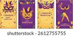 Set of 4 vertical vector illustrations celebrating Mardi Gras Carnival. Features masks, dancer, trumpet, beads and confetti. Perfect for cards, posters, social media stories.