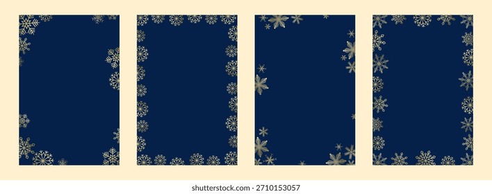 Set 4 vertical winter templates for Christmas or New Year holidays. Flat vector illustration with gold gradient snowflakes on blue background. Ideal for cards, posters, invitations, covers