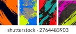Set of 4 vibrant abstract grunge backgrounds featuring bold brush strokes and paint splatters. High-contrast colors like orange, blue, pink, and yellow. Ideal for posters and flyers