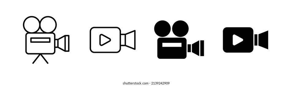 Set of 4 video camera icon, outlined editable stroke and flat glyph style, clipart design template