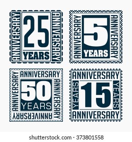 Set of 4 vintage anniversary square emblems. Retro styled vector backgrounds in dark tones. 