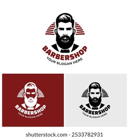 Set of 4 vintage barbershop logos featuring a mustached man facing sideways, in black and white. Ideal for branding grooming businesses.