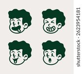 Set of 4 vintage cartoon boy face expressions in dark green. Angry, sad, and emotional retro character icons. Perfect for comics, stickers, or expressive branding elements.

