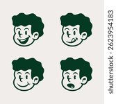 Set of 4 vintage cartoon boy face expressions in dark green. Angry, sad, and emotional retro character icons. Perfect for comics, stickers, or expressive branding elements.


