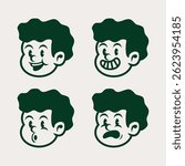 Set of 4 vintage cartoon boy face expressions in dark green. Angry, sad, and emotional retro character icons. Perfect for comics, stickers, or expressive branding elements.

