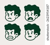 Set of 4 vintage cartoon boy face expressions in dark green. Angry, sad, and emotional retro character icons. Perfect for comics, stickers, or expressive branding elements.

