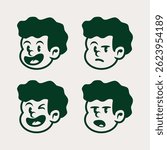Set of 4 vintage cartoon boy face expressions in dark green. Angry, sad, and emotional retro character icons. Perfect for comics, stickers, or expressive branding elements.

