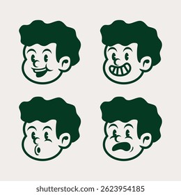 Set of 4 vintage cartoon boy face expressions in dark green. Angry, sad, and emotional retro character icons. Perfect for comics, stickers, or expressive branding elements.

