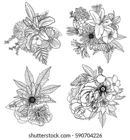 Set of 4 vintage floral vector bouquet of Petunia, Coneflower, Aster, Poppy, Chamomile, Rose and wild flowers, botanical Illustration. For summer floral greeting card, decorative bouquets, vector.