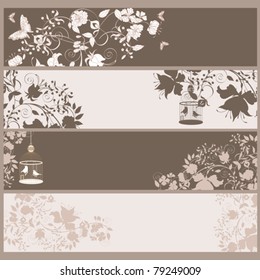 Set of 4 vintage horizontal banners flowers and  birds in cage.