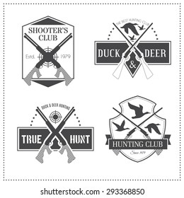Set of 4 vintage hunting emblems with a shotgun (fowlung piece). Black monochrome labels on a white background (isolated). Editable colors