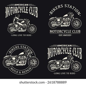 Set of 4 vintage motorcycle emblems, labels, badges, logos, prints, templates