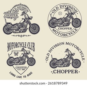 Set of 4 vintage motorcycle emblems, labels, badges, logos, prints, templates. monochrome style