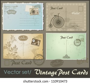set of 4 vintage postcard designs and postage stamps
