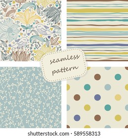 set of 4 vintage seamless colorful patterns in retro colors. Hand drawn. Vector illustration can be used for ceramic tile, wallpaper,  textile, invitation, greeting card, web page background.