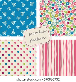 set of 4 vintage seamless colorful patterns in retro colors. Hand drawn. Vector illustration can be used for ceramic tile, wallpaper,  textile, invitation, greeting card, web page background.