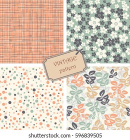 set of 4 vintage seamless colorful patterns in retro colors. Hand drawn. Vector illustration can be used for ceramic tile, wallpaper, textile, invitation, greeting card, web page background.