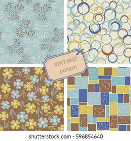 set of 4 vintage seamless colorful patterns in retro colors. Hand drawn. Vector illustration can be used for ceramic tile, wallpaper, textile, invitation, greeting card, web page background.