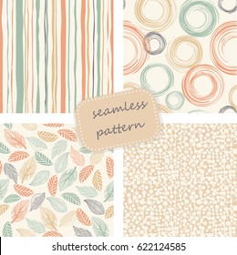 set of 4 vintage seamless colorful patterns in retro colors. Hand drawn. Vector illustration can be used for ceramic tile, wallpaper, textile, invitation, greeting card, web page background.