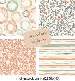 Set of 4 vintage seamless colorful patterns in retro colors. Hand drawn. Vector illustration can be used for ceramic tile, wallpaper, textile, invitation, greeting card, web page background.