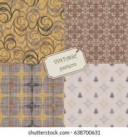 set of 4 vintage seamless colorful patterns in retro colors. Hand drawn. Vector illustration can be used for ceramic tile, wallpaper, textile, invitation, greeting card, web page background.