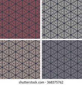 Set of 4 vintage seamless geometric pattern. Vector retro repeating background. Vector vintage background image. Shapes background in different colors.