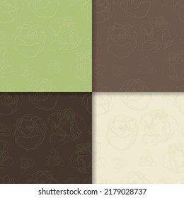 Conjunto de 4 patrones vintage sin costuras con rosas y peonías en un estilo de línea. Antecedentes con flores dibujadas a mano. Esbozar la impresión floral que puede utilizarse como textil, tela, papel envolvente, papel tapiz. 