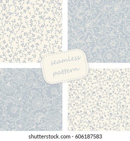 set of 4 vintage seamless  patterns in blue and beige colors. Hand drawn. Vector illustration can be used for ceramic tile, wallpaper, textile, invitation, greeting card, web page background
