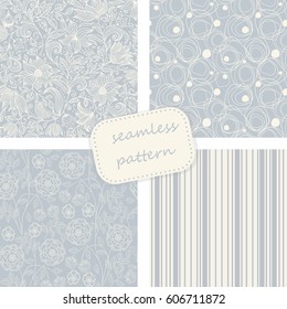 set of 4 vintage seamless  patterns in blue and beige colors. Hand drawn. Vector illustration can be used for ceramic tile, wallpaper, textile, invitation, greeting card, web page background.