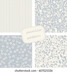 set of 4 vintage seamless  patterns in blue and beige colors. Hand drawn. Vector illustration can be used for ceramic tile, wallpaper, textile, invitation, greeting card, web page background