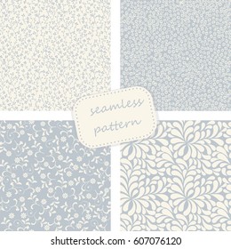 set of 4 vintage seamless  patterns in blue and beige colors. Hand drawn. Vector illustration can be used for ceramic tile, wallpaper, textile, invitation, greeting card, web page background