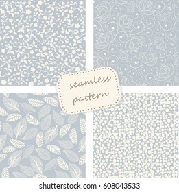 set of 4 vintage seamless patterns in blue and beige colors. Hand drawn. Vector illustration can be used for ceramic tile, wallpaper, textile, invitation, greeting card, web page background