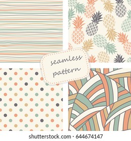 set of 4 vintage seamless tropical patterns in retro colors. Hand drawn. Vector illustration that can be used for ceramic tile, wallpaper, textile, invitation, greeting card, web page background