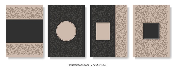 Conjunto de 4 vintage estilo cartaz modelos em tons mornos bege e marrom. A composição é baseada em requintados padrões ornamentais característicos da estética retrô: quadros estilizados e cachos decorativos e a paleta de cores é baseada em uma combinação harmoniosa de creme, chocolate e tons de areia, o que cria uma atmosfera acolhedora e nostálgica. Os modelos são universais para decoração de interiores retro-estilo, cafés, boutiques ou estúdios criativos, e também são adequados para impressão em cartões postais, capas ou têxteis.