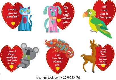 a set of 4 vintage style red heart valentines with cartoon animals