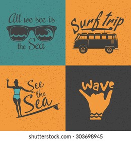 Set of 4 vintage surfing logos, labels, badges and design elements. T-shirt surfing design