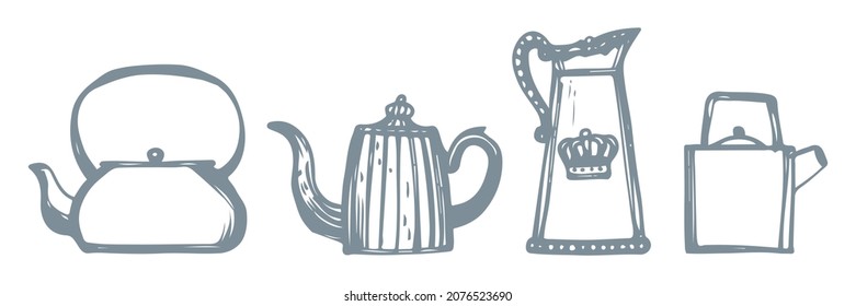 set of 4 vintage teapots isolated on white background. hand drawn tea time collection in doodle style. good for textile and fabric, packaging or wrapping paper design, print. 