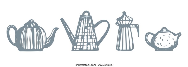 set of 4 vintage teapots isolated on white background. hand drawn tea time collection in doodle style. good for textile and fabric, packaging or wrapping paper design, print. 